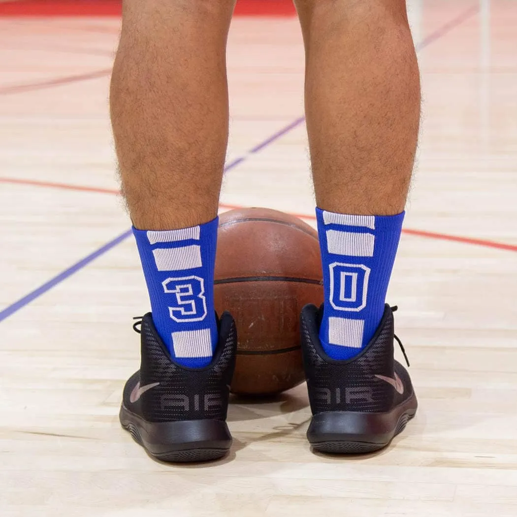 ChalkTalkSPORTS Custom Team Number Crew Socks | Youth & Adult Athletic Socks Blue | Choose Your Number
