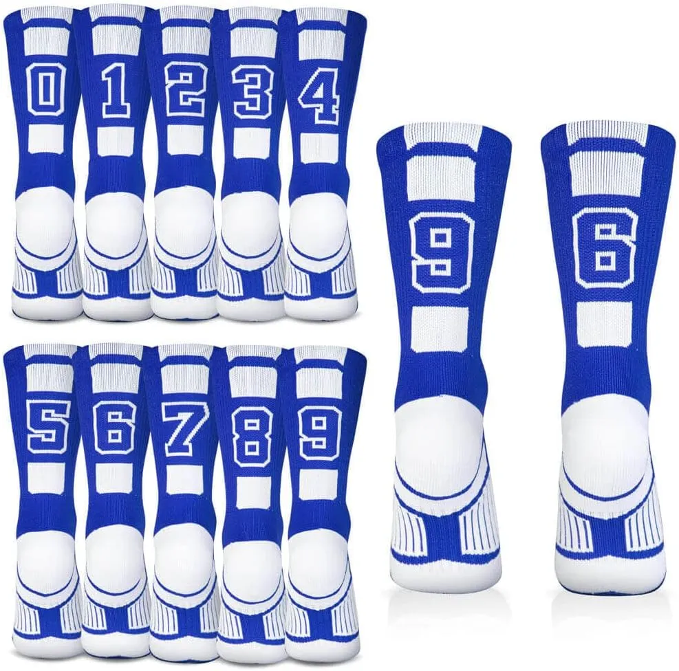 ChalkTalkSPORTS Custom Team Number Crew Socks | Youth & Adult Athletic Socks Blue | Choose Your Number