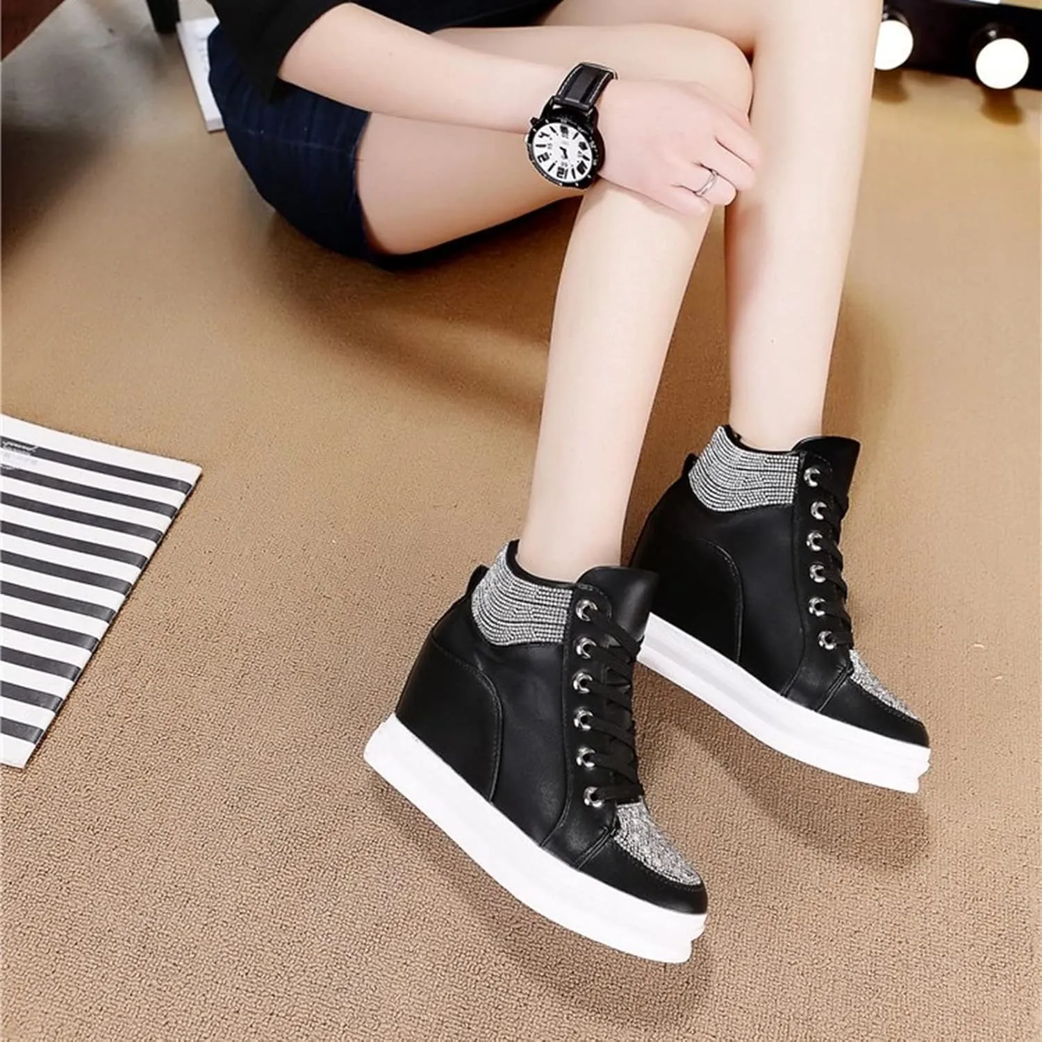 Ckrola Womens Fashion Platform Shoes Hidden Wedge Heel High Top Sneakers for Women Platform Boots Working Shoes Women