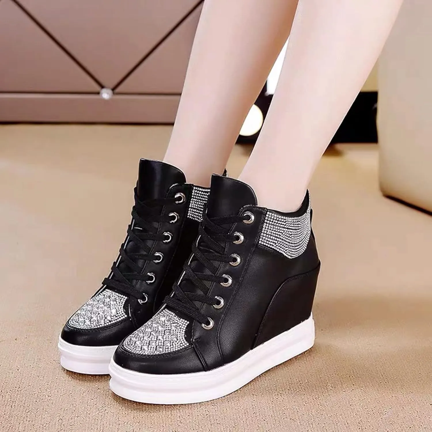 Ckrola Womens Fashion Platform Shoes Hidden Wedge Heel High Top Sneakers for Women Platform Boots Working Shoes Women