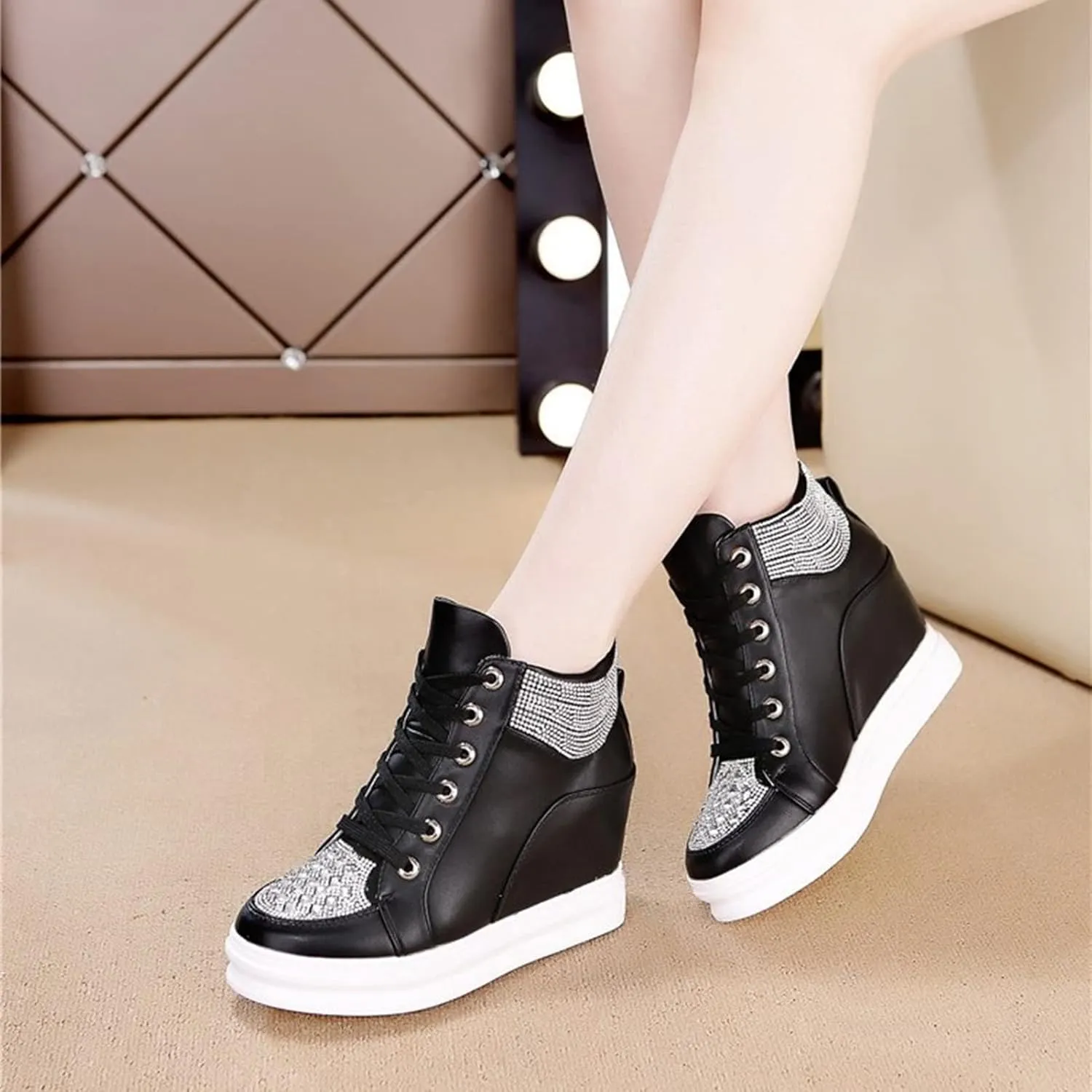 Ckrola Womens Fashion Platform Shoes Hidden Wedge Heel High Top Sneakers for Women Platform Boots Working Shoes Women