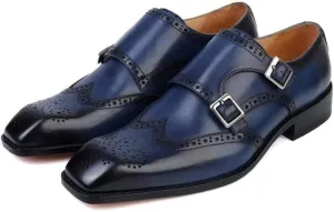 Classic Mens Genuine Leather Dress Shoes Brogue Double Buckle Monk Strap Black Brown Business Office Wedding Formal Shoes for Men