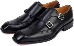 Classic Mens Genuine Leather Dress Shoes Brogue Double Buckle Monk Strap Black Brown Business Office Wedding Formal Shoes for Men