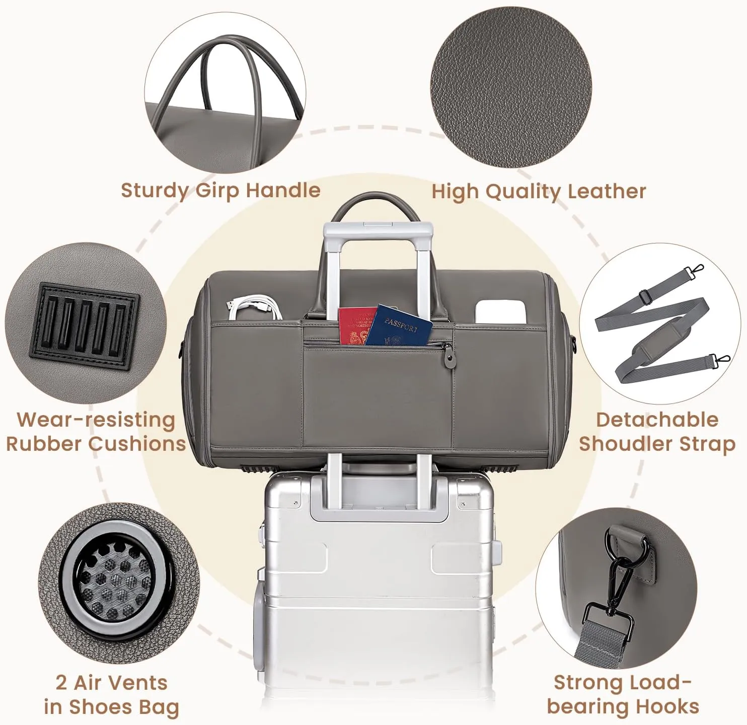 Convertible Garment Bag for Travel, Garment Duffle Bag for Men Women, PU Leather Travel Garment Bag Carry On, 2 in 1 Suit Travel Bags for Hanging Clothes with Shoe Compartment-Grey