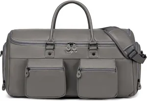 Convertible Garment Bag for Travel, Garment Duffle Bag for Men Women, PU Leather Travel Garment Bag Carry On, 2 in 1 Suit Travel Bags for Hanging Clothes with Shoe Compartment-Grey