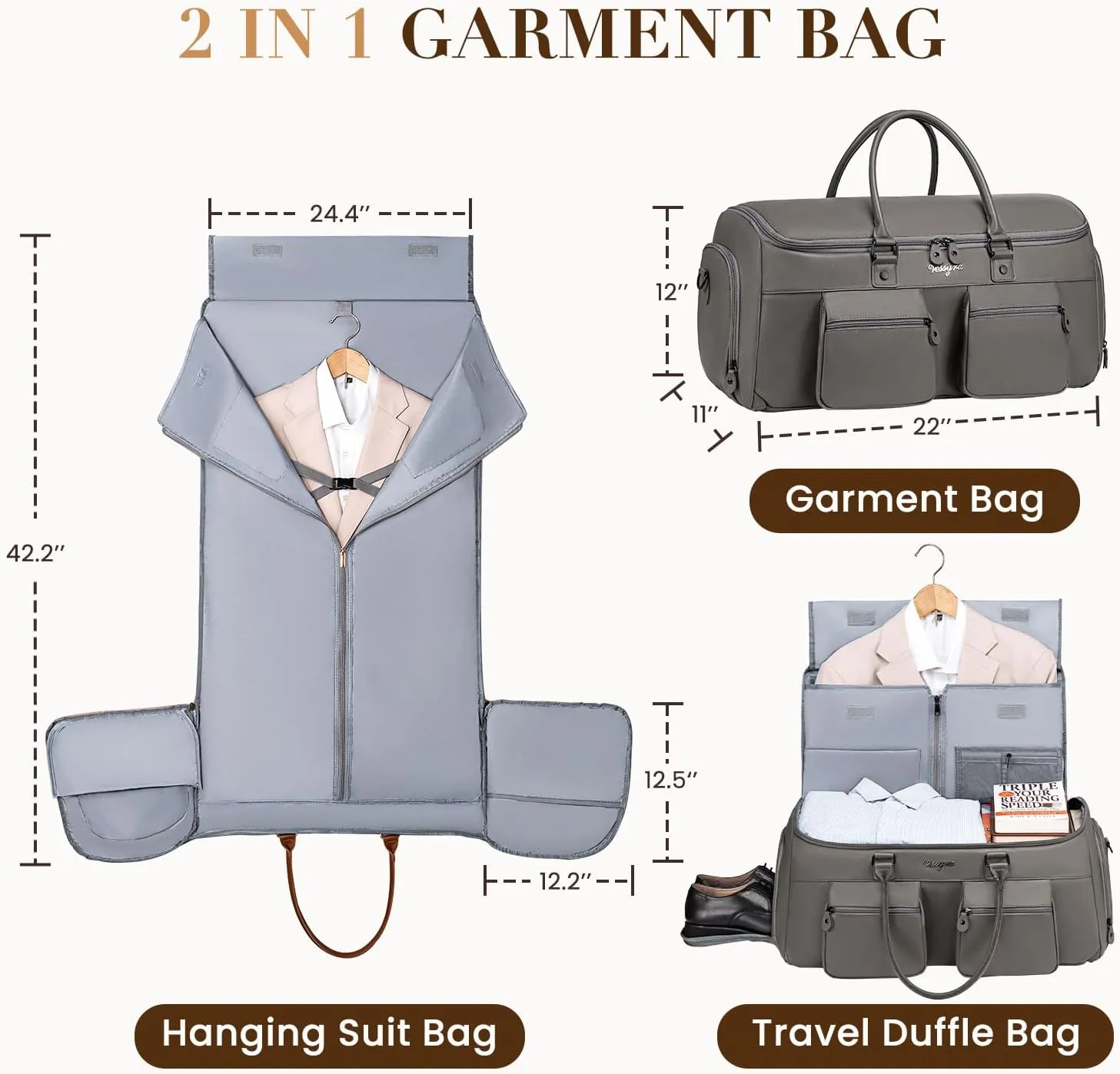 Convertible Garment Bag for Travel, Garment Duffle Bag for Men Women, PU Leather Travel Garment Bag Carry On, 2 in 1 Suit Travel Bags for Hanging Clothes with Shoe Compartment-Grey