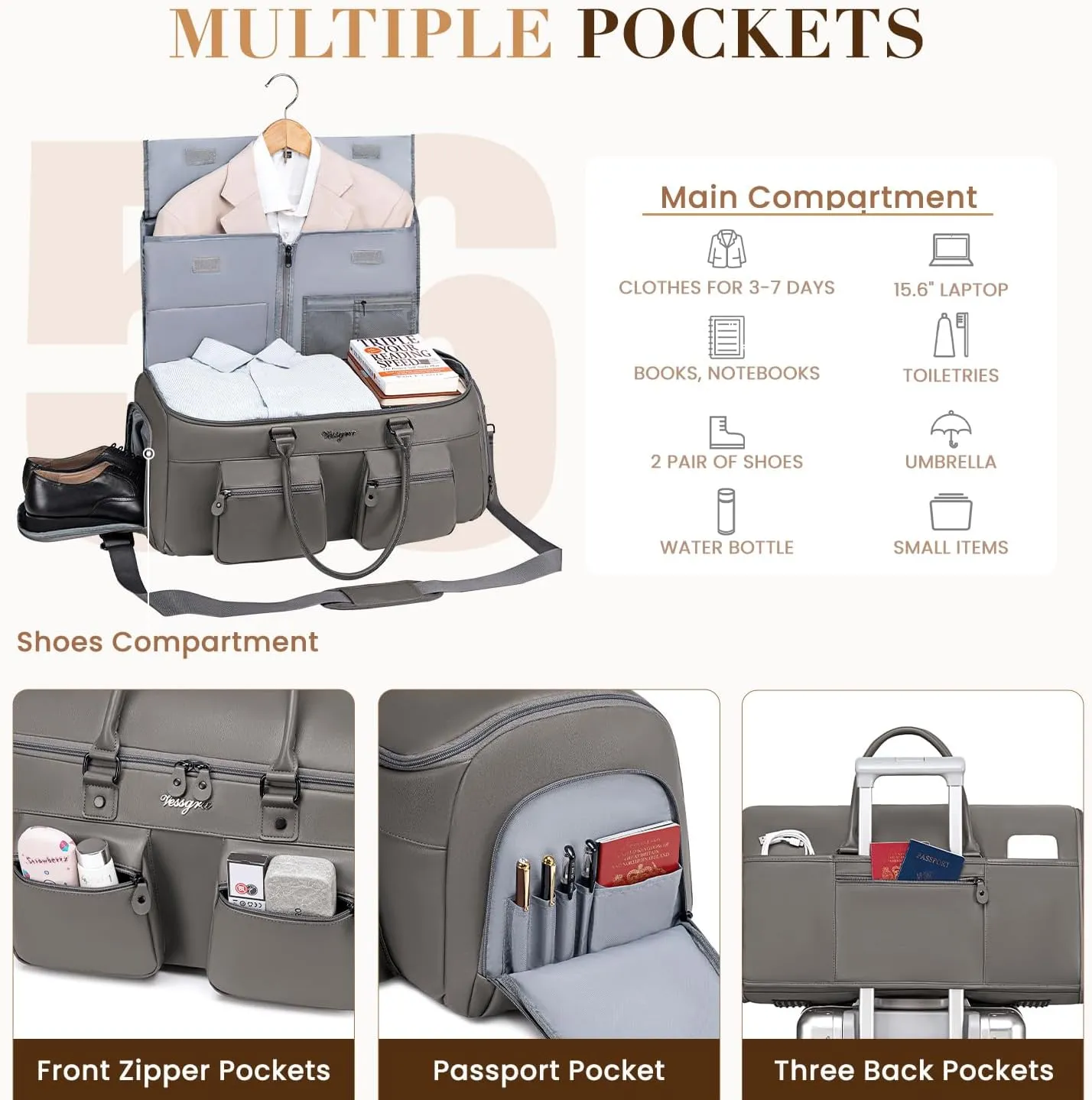 Convertible Garment Bag for Travel, Garment Duffle Bag for Men Women, PU Leather Travel Garment Bag Carry On, 2 in 1 Suit Travel Bags for Hanging Clothes with Shoe Compartment-Grey
