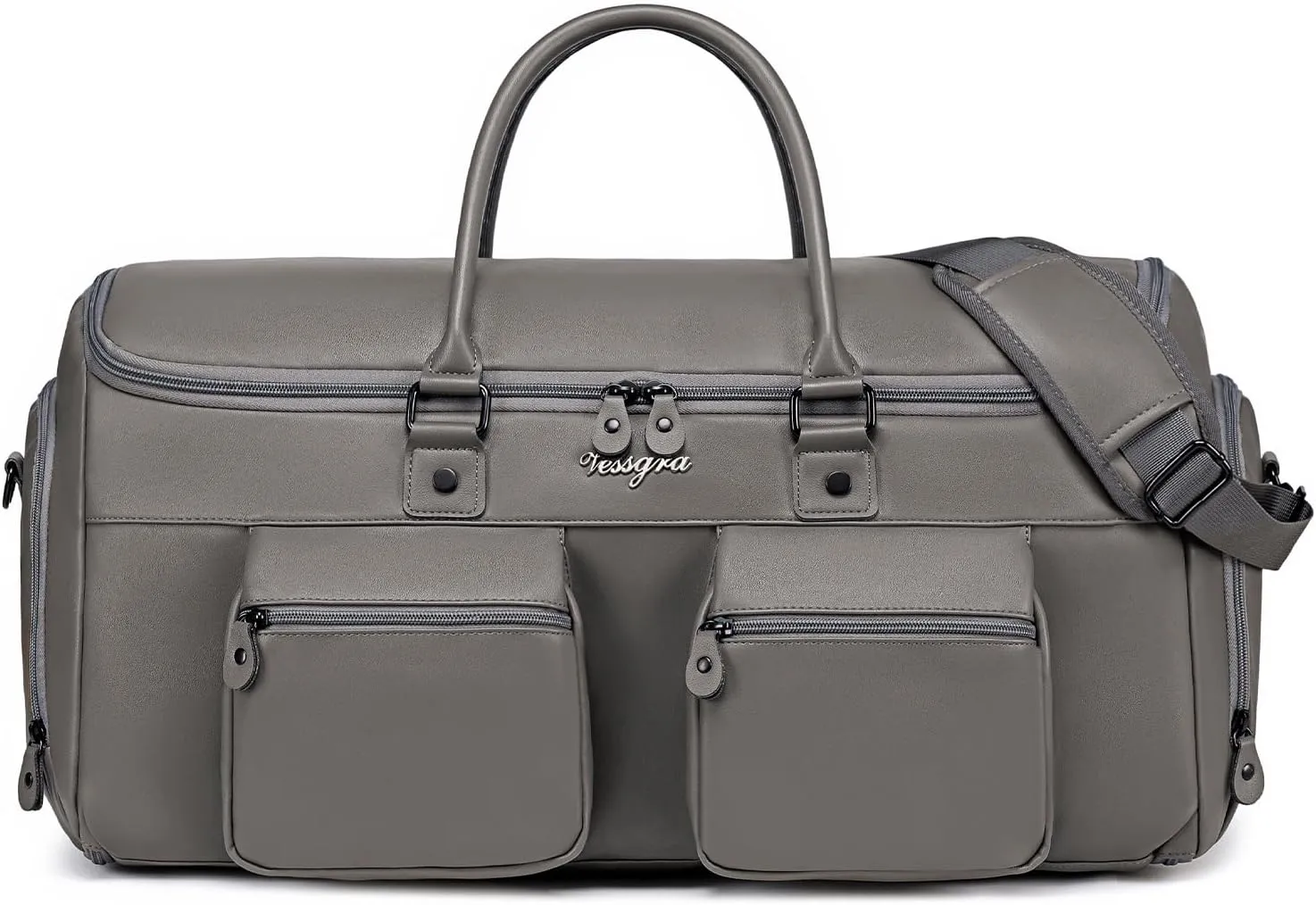 Convertible Garment Bag for Travel, Garment Duffle Bag for Men Women, PU Leather Travel Garment Bag Carry On, 2 in 1 Suit Travel Bags for Hanging Clothes with Shoe Compartment-Grey