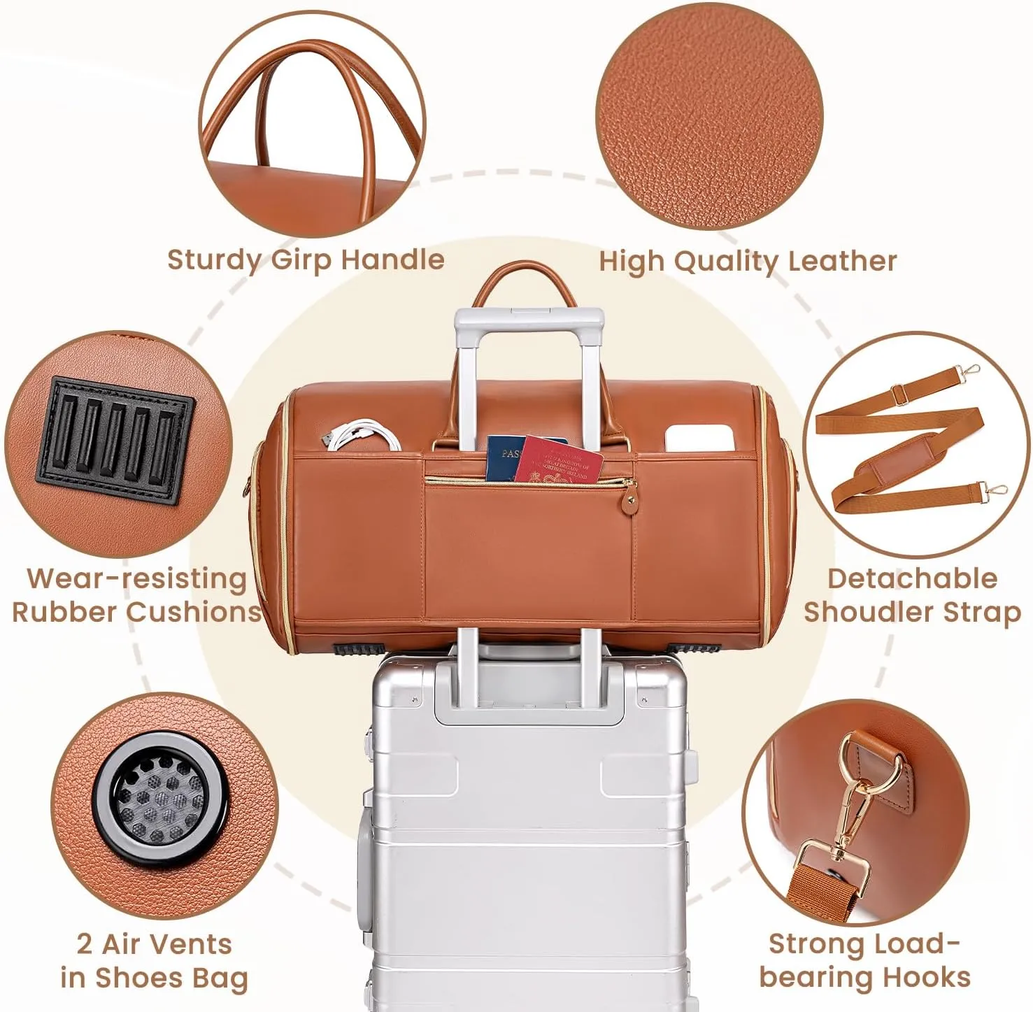 Convertible Garment Bag for Travel, Garment Duffle Bag for Men Women, PU Leather Travel Garment Bag Carry On, 2 in 1 Suit Travel Bags for Hanging Clothes with Shoe Compartment-Reddish Brown