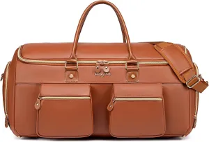Convertible Garment Bag for Travel, Garment Duffle Bag for Men Women, PU Leather Travel Garment Bag Carry On, 2 in 1 Suit Travel Bags for Hanging Clothes with Shoe Compartment-Reddish Brown