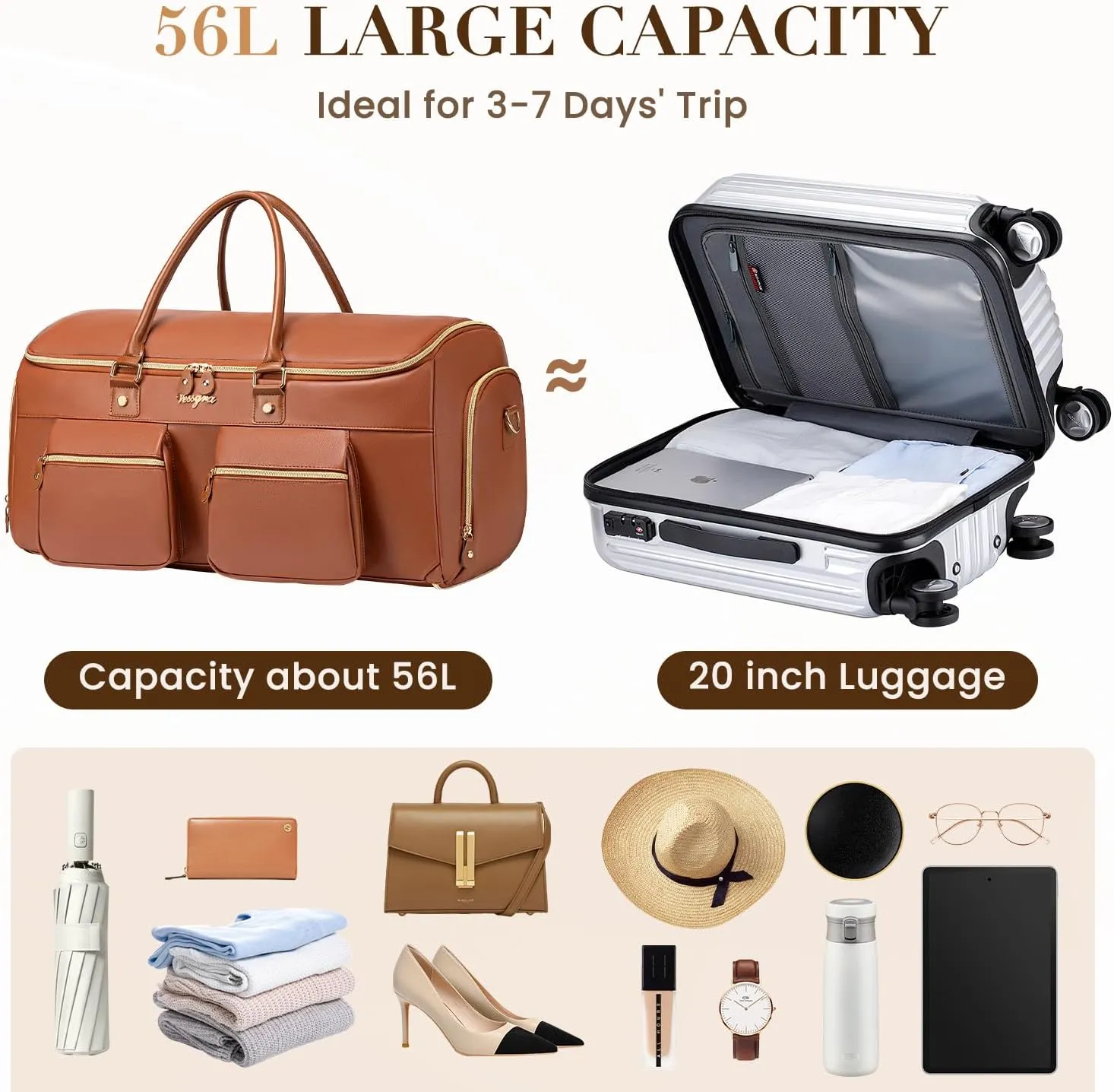 Convertible Garment Bag for Travel, Garment Duffle Bag for Men Women, PU Leather Travel Garment Bag Carry On, 2 in 1 Suit Travel Bags for Hanging Clothes with Shoe Compartment-Reddish Brown