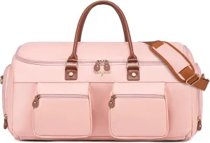 Convertible Garment Bag for Travel, Garment Duffle Bag for Women, PU Leather Travel Garment Bag Carry On, 2 in 1 Suit Travel Bags for Hanging Clothes with Shoe Compartment-Pink
