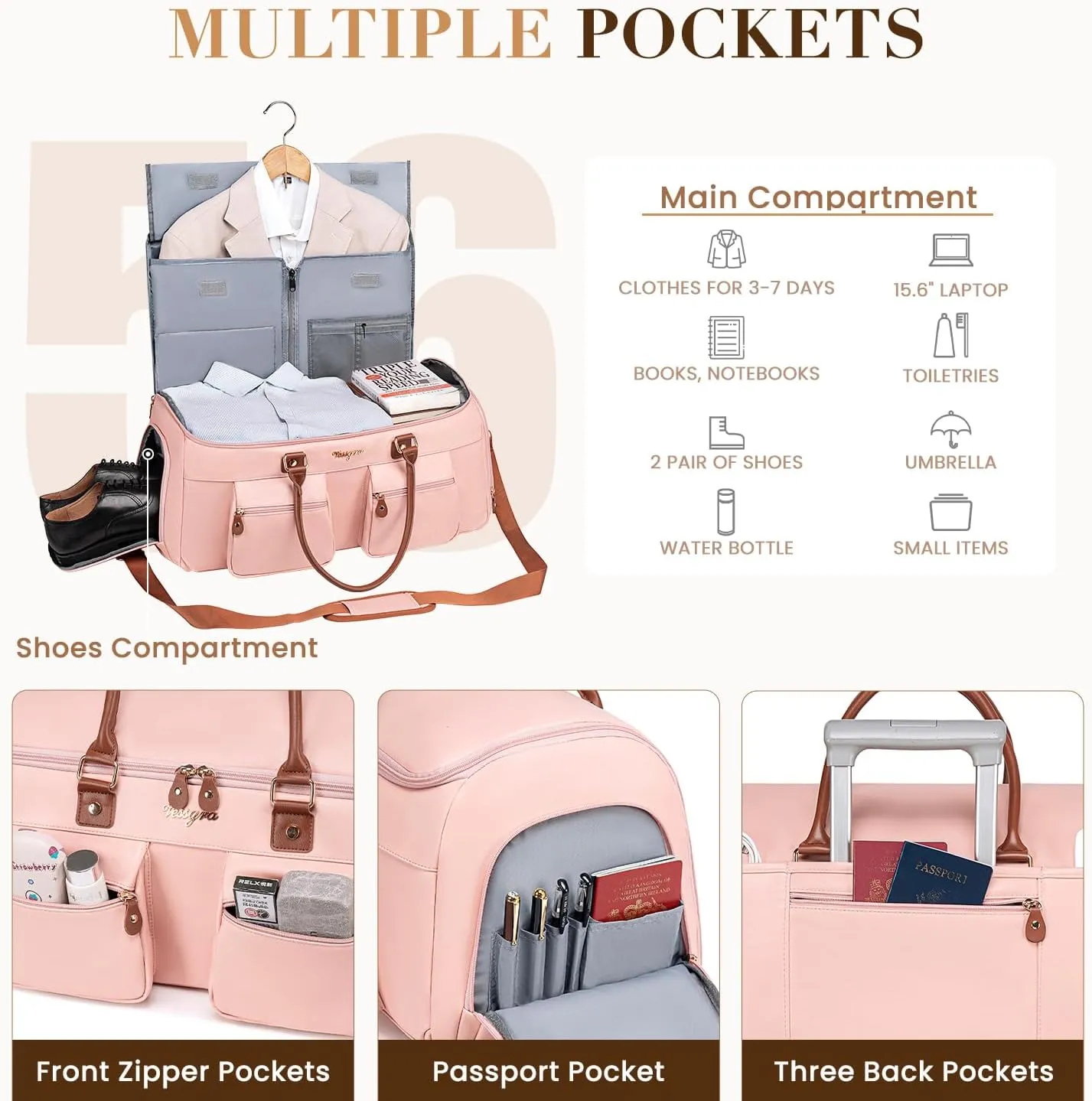 Convertible Garment Bag for Travel, Garment Duffle Bag for Women, PU Leather Travel Garment Bag Carry On, 2 in 1 Suit Travel Bags for Hanging Clothes with Shoe Compartment-Pink