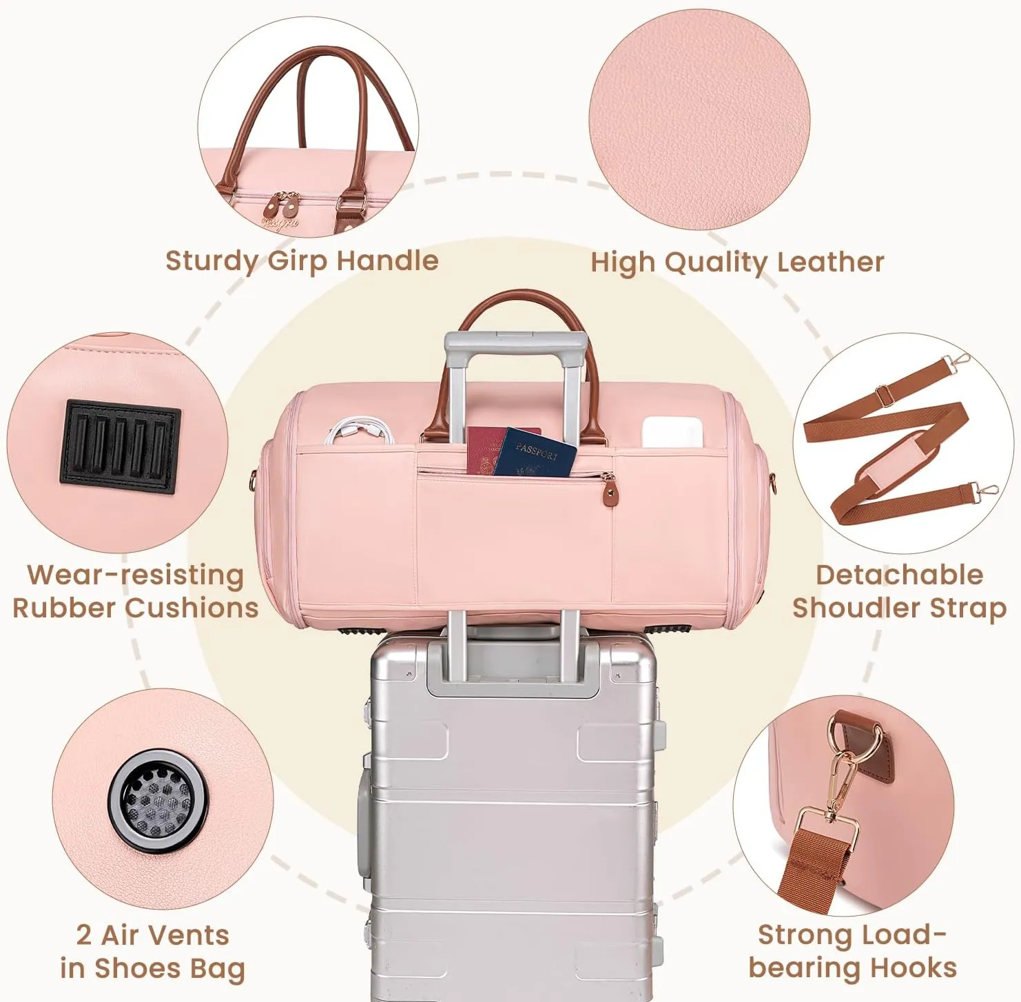 Convertible Garment Bag for Travel, Garment Duffle Bag for Women, PU Leather Travel Garment Bag Carry On, 2 in 1 Suit Travel Bags for Hanging Clothes with Shoe Compartment-Pink