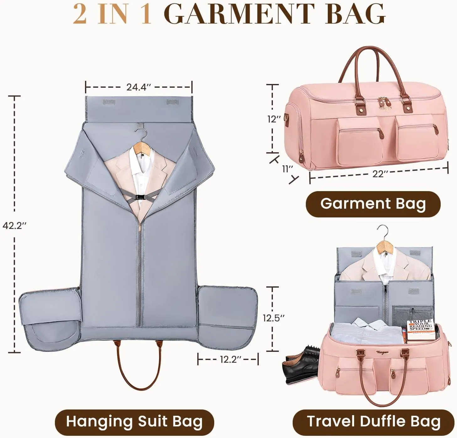 Convertible Garment Bag for Travel, Garment Duffle Bag for Women, PU Leather Travel Garment Bag Carry On, 2 in 1 Suit Travel Bags for Hanging Clothes with Shoe Compartment-Pink