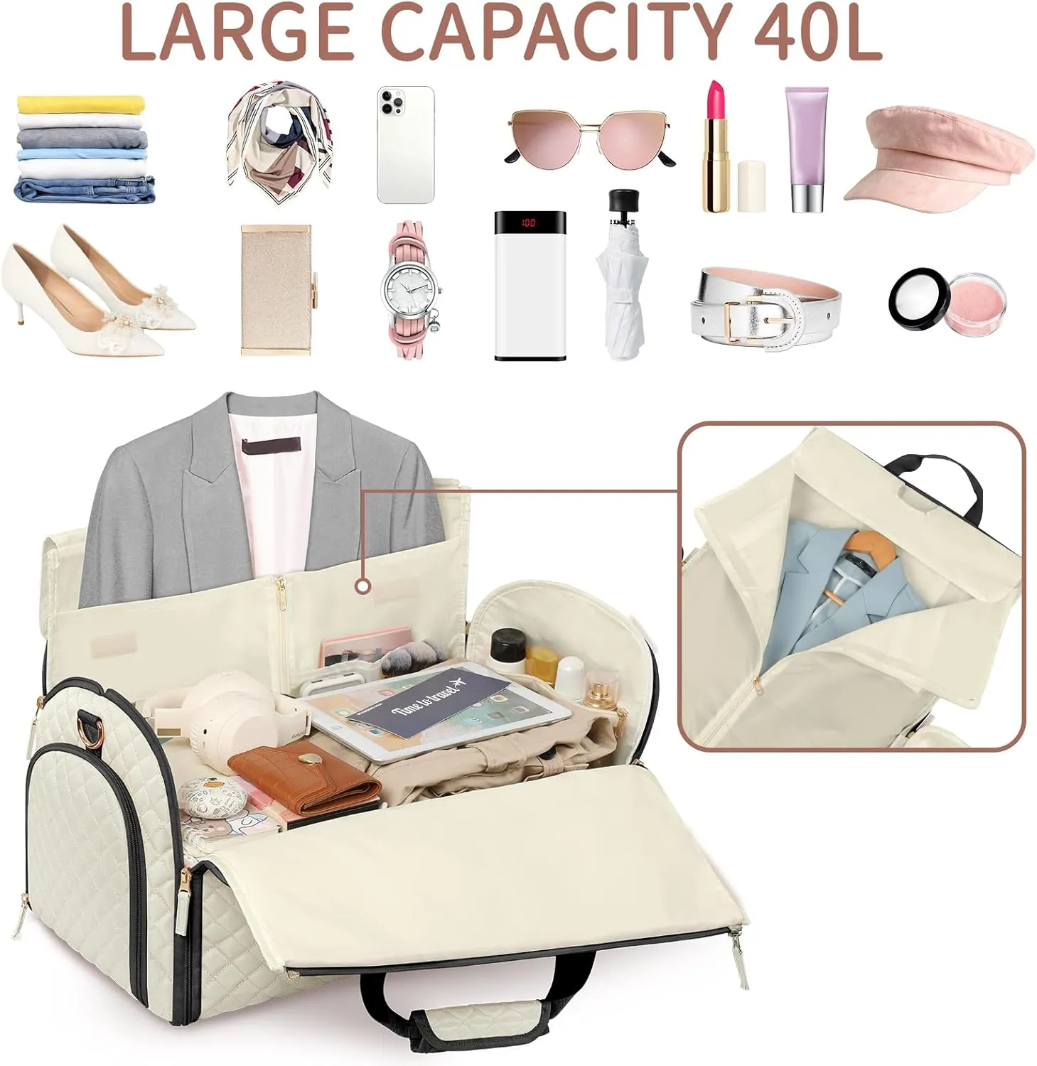 Convertible Garment Duffle Bag, Travel Garment Bag with Backpack Straps Carried as Backpack, Carry on Garment Bag for Women 3 in 1 Foldable Travel Suit Bag for Weekend Work Airport Trip