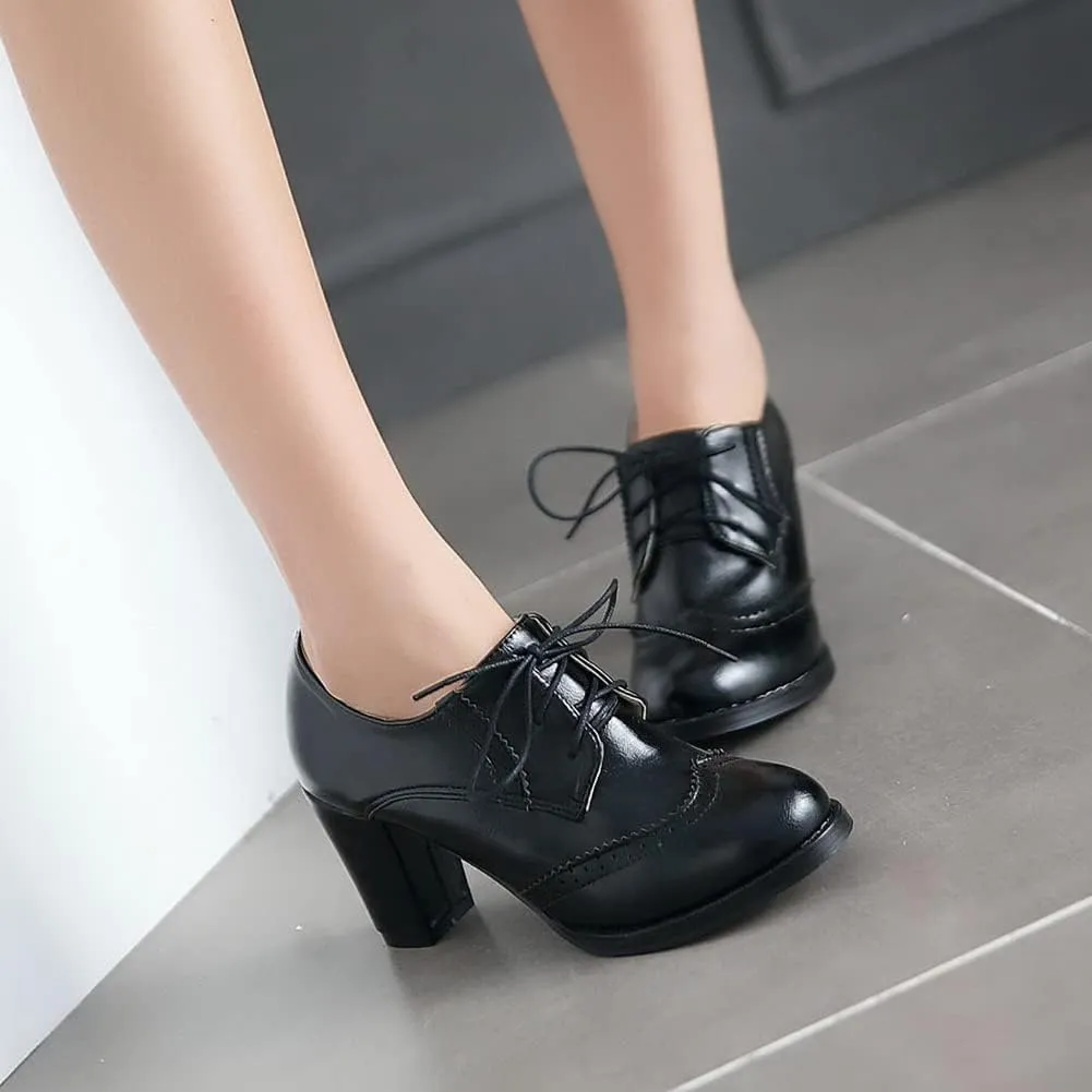 CosyFever Womens DC305 Business Chunky Lace Up Pu Mid Chunky Pumps