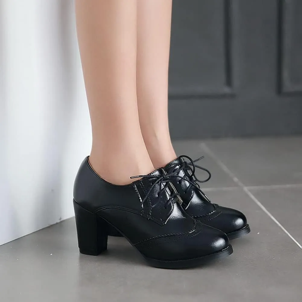 CosyFever Womens DC305 Business Chunky Lace Up Pu Mid Chunky Pumps