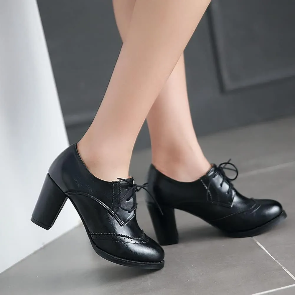 CosyFever Womens DC305 Business Chunky Lace Up Pu Mid Chunky Pumps