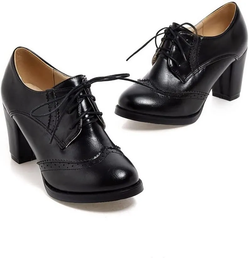 CosyFever Womens DC305 Business Chunky Lace Up Pu Mid Chunky Pumps