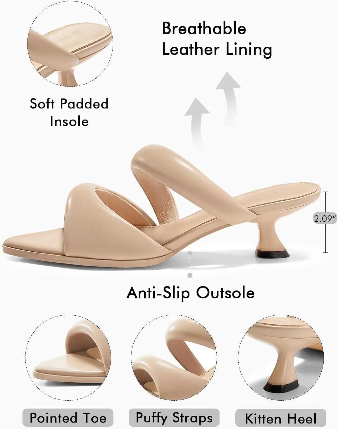 Coutgo Womens Kitten Heels Mules Pointed Open Toe Sandals Double Strap Slip on Prom Dress Shoes