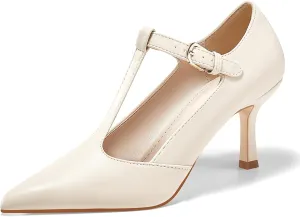 Coutgo Womens Mary Jane High Heels T Strap Closed Pointed Toe Pumps Buckle Work Office Dress Shoes
