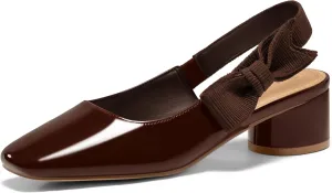 Coutgo Women's Slingback Chunky Heels Bow Closed Square Toe Slip On Work Pumps Dress Shoes