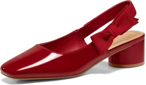 Coutgo Women's Slingback Chunky Heels Bow Closed Square Toe Slip On Work Pumps Dress Shoes