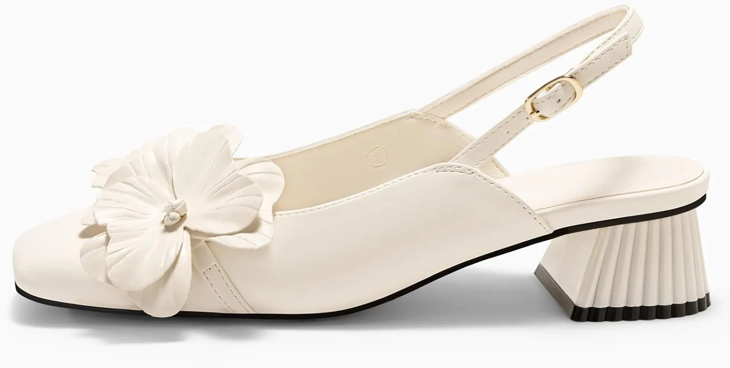 Coutgo Womens Slingback Chunky Heels Flower Closed Square Toe Pumps Work Dress Shoes