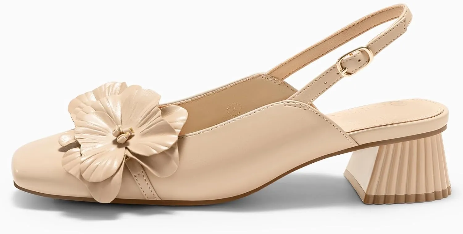 Coutgo Womens Slingback Chunky Heels Flower Closed Square Toe Pumps Work Dress Shoes