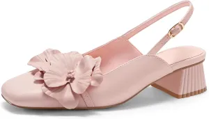 Coutgo Womens Slingback Chunky Heels Flower Closed Square Toe Pumps Work Dress Shoes