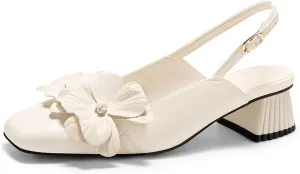 Coutgo Womens Slingback Chunky Heels Flower Closed Square Toe Pumps Work Dress Shoes