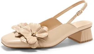 Coutgo Womens Slingback Chunky Heels Flower Closed Square Toe Pumps Work Dress Shoes