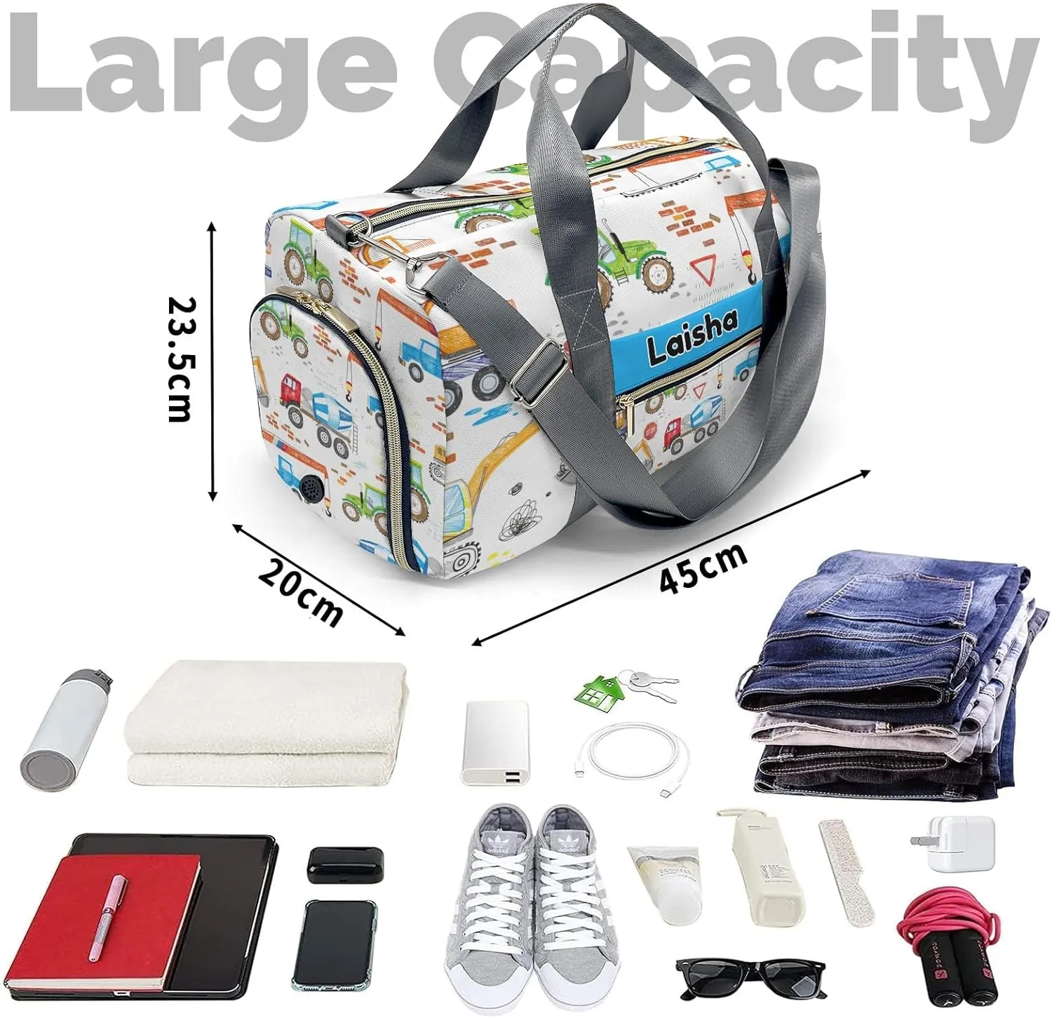 Custom Duffel Bag Sports Construction Trucks Excavator Crane Gym Bag Personalized Gift for Travel Bag