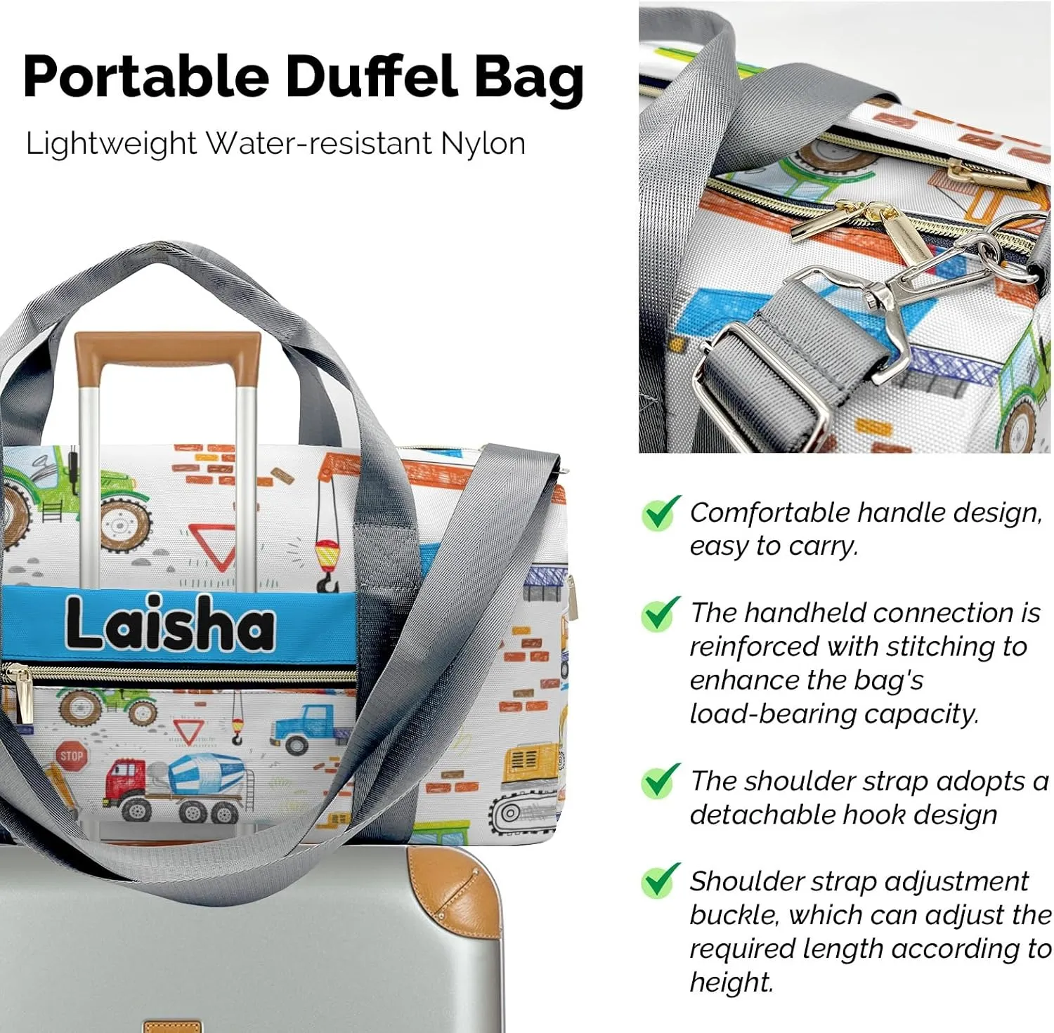 Custom Duffel Bag Sports Construction Trucks Excavator Crane Gym Bag Personalized Gift for Travel Bag