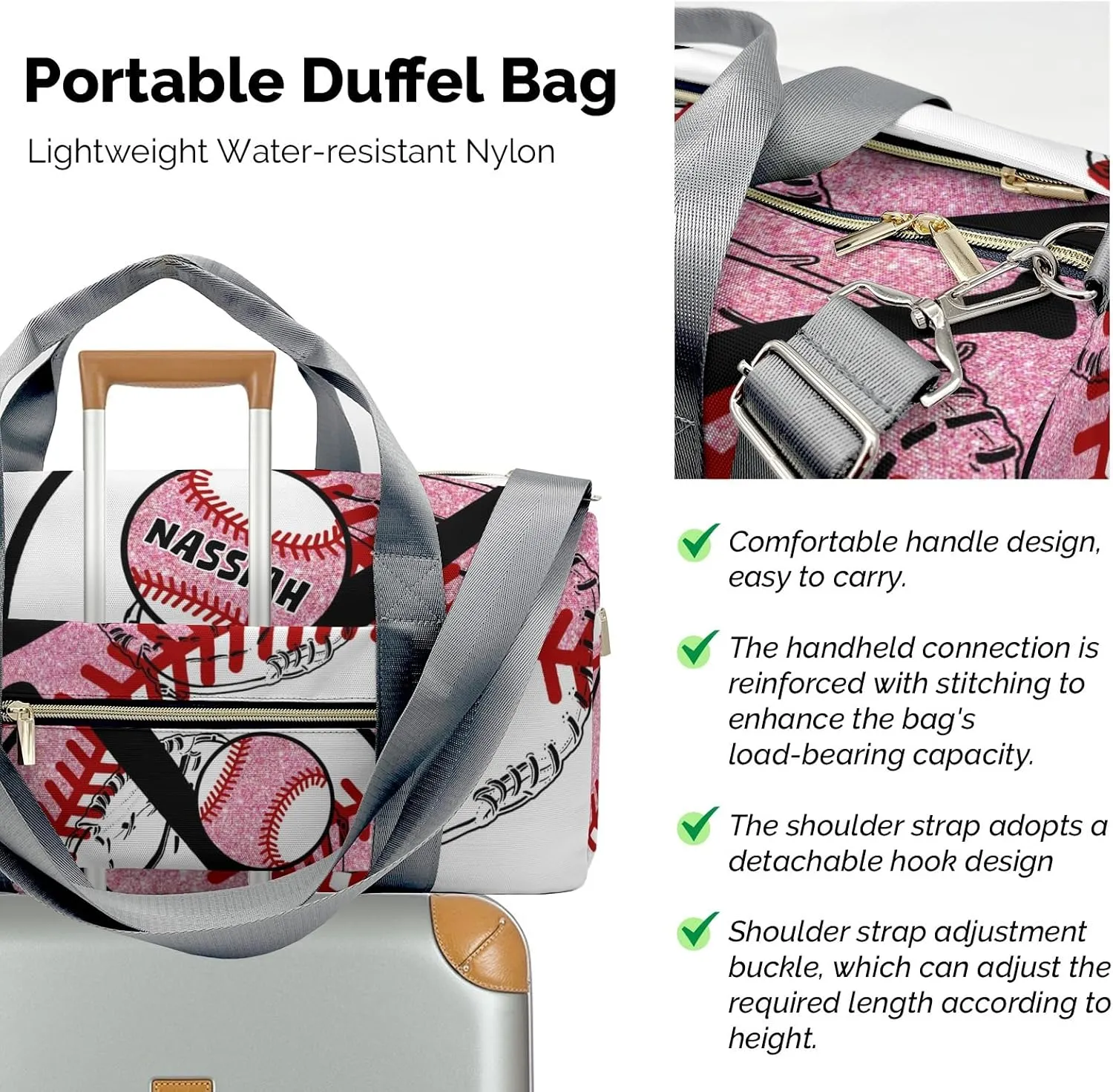 Custom Duffel Overnight Travel Bag for Sports Workout Girls Boys,Baseball Team Player Pink Personalized Duffle Bag Gifts