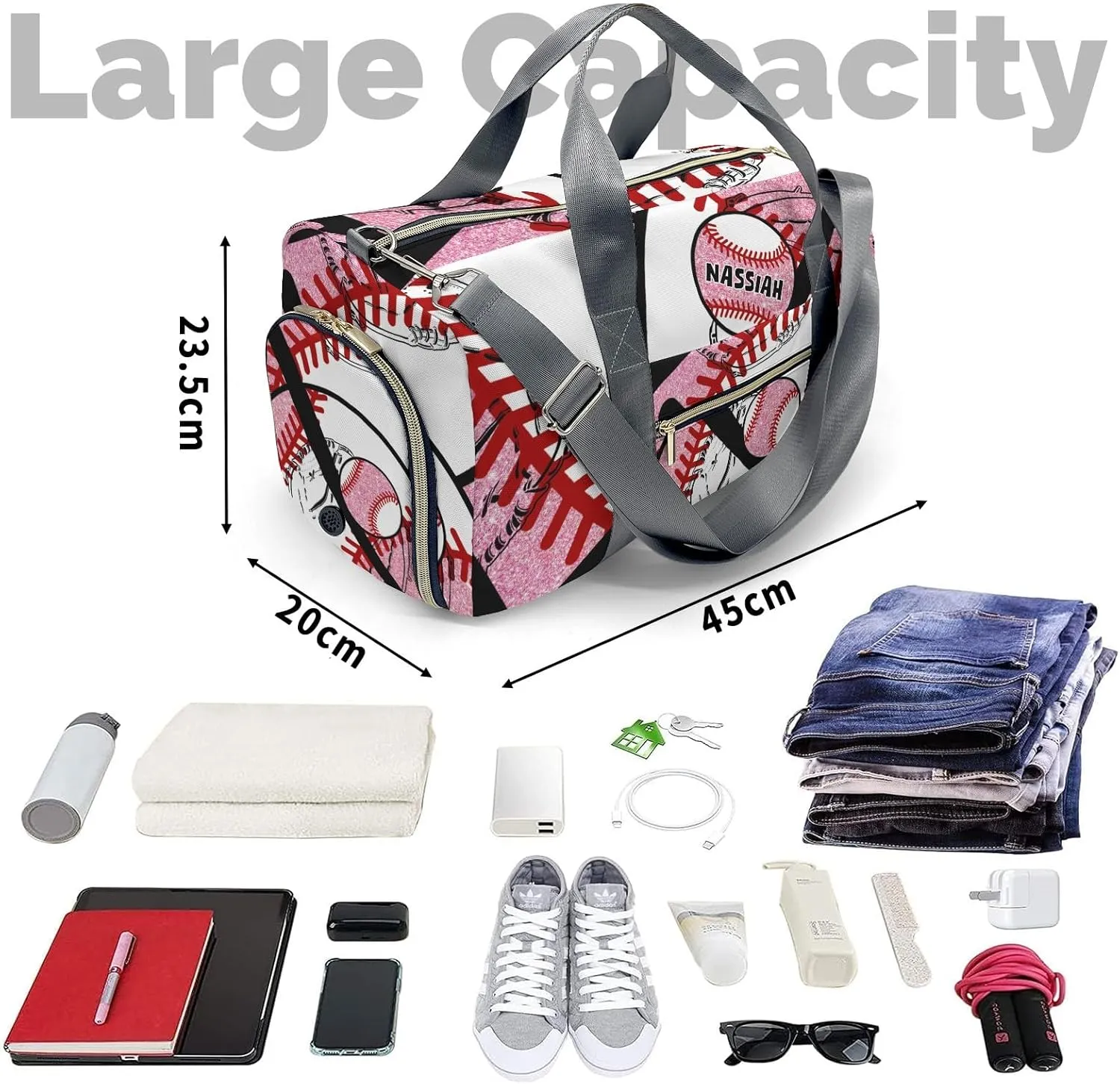 Custom Duffel Overnight Travel Bag for Sports Workout Girls Boys,Baseball Team Player Pink Personalized Duffle Bag Gifts