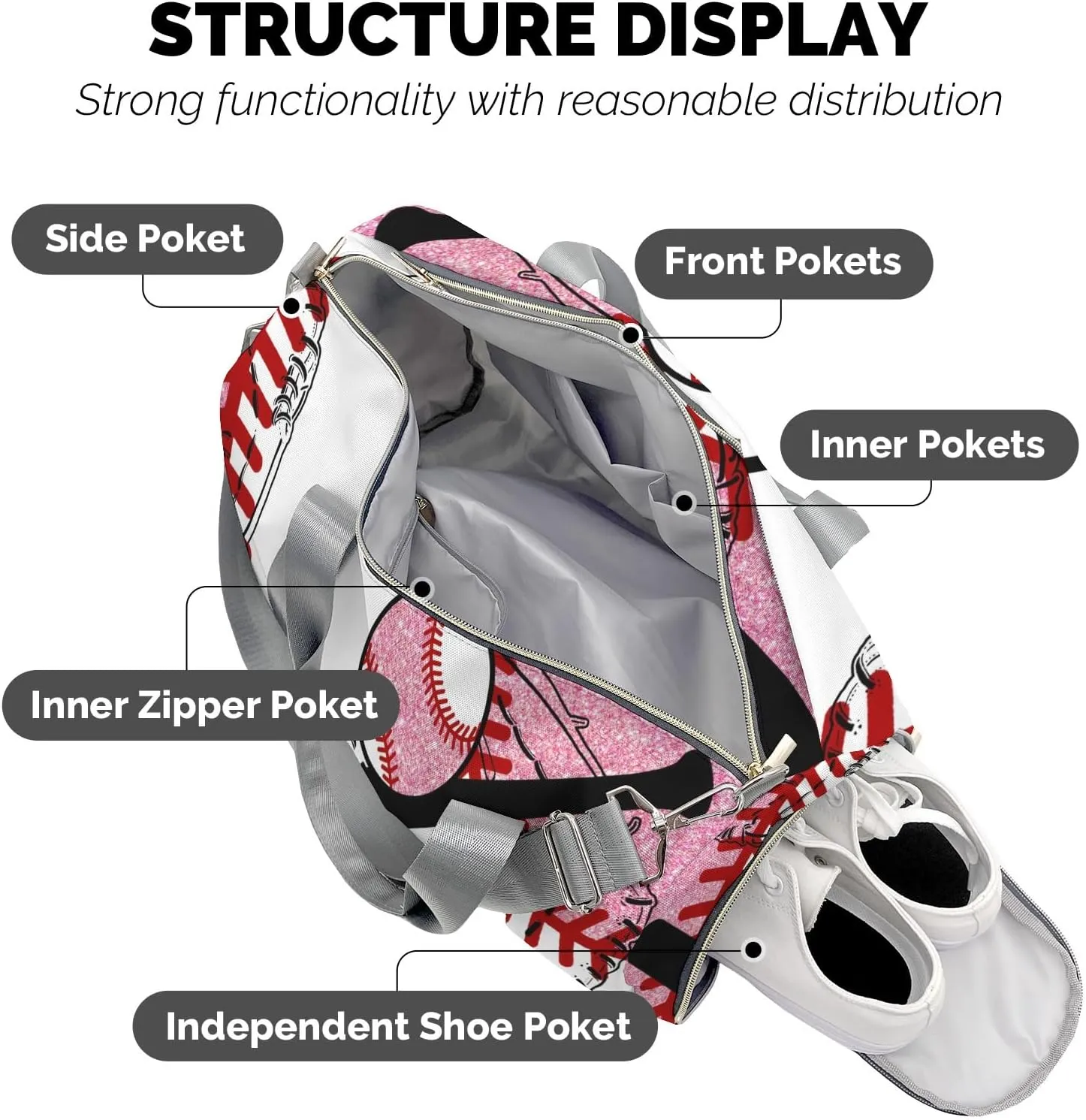 Custom Duffel Overnight Travel Bag for Sports Workout Girls Boys,Baseball Team Player Pink Personalized Duffle Bag Gifts