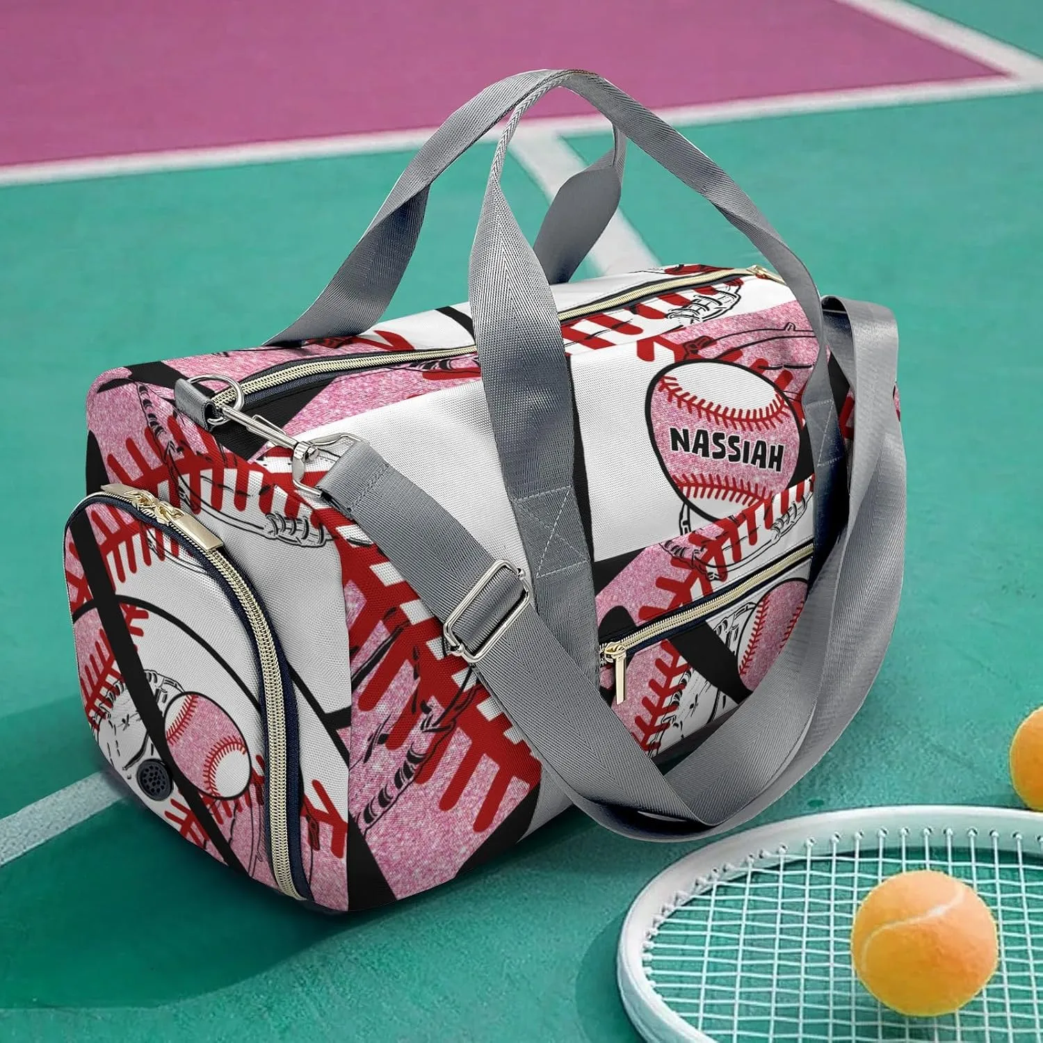 Custom Duffel Overnight Travel Bag for Sports Workout Girls Boys,Baseball Team Player Pink Personalized Duffle Bag Gifts