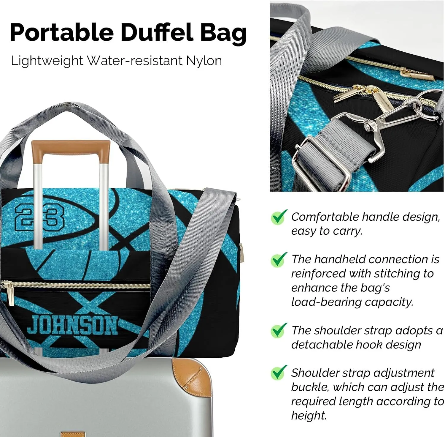 Custom Duffel Overnight Travel Bag for Sports Workout Girls Boys,Basketball Sky Blue Personalized Duffle Bag Gifts