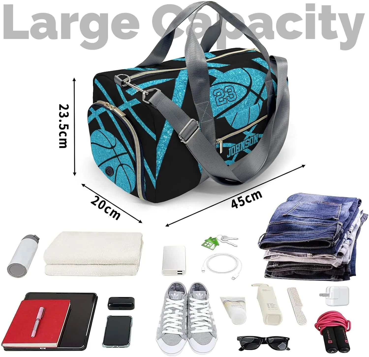 Custom Duffel Overnight Travel Bag for Sports Workout Girls Boys,Basketball Sky Blue Personalized Duffle Bag Gifts
