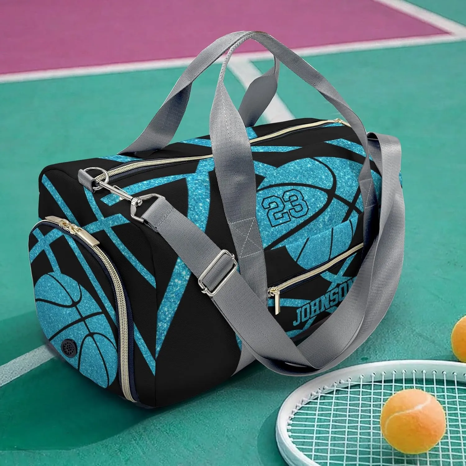 Custom Duffel Overnight Travel Bag for Sports Workout Girls Boys,Basketball Sky Blue Personalized Duffle Bag Gifts