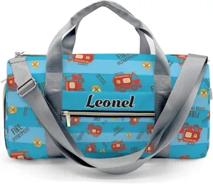 Custom Duffel Overnight Travel Bag for Sports Workout Girls Boys,Blue Stripes Fire Truck Personalized Duffle Bag Gifts
