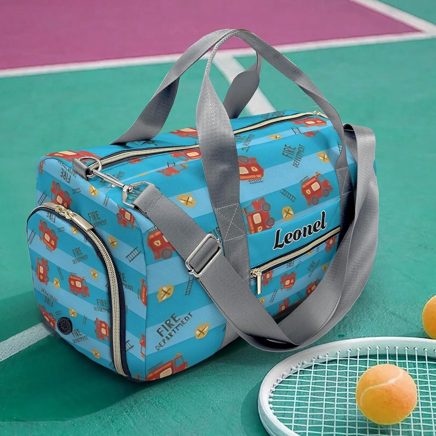 Custom Duffel Overnight Travel Bag for Sports Workout Girls Boys,Blue Stripes Fire Truck Personalized Duffle Bag Gifts