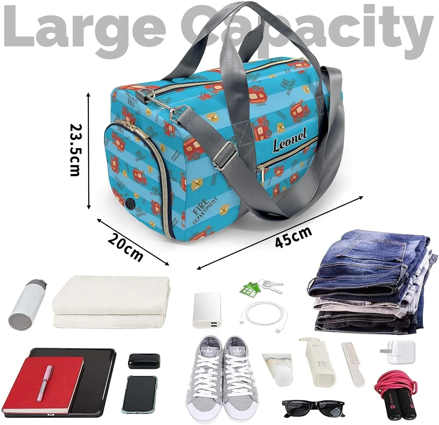 Custom Duffel Overnight Travel Bag for Sports Workout Girls Boys,Blue Stripes Fire Truck Personalized Duffle Bag Gifts