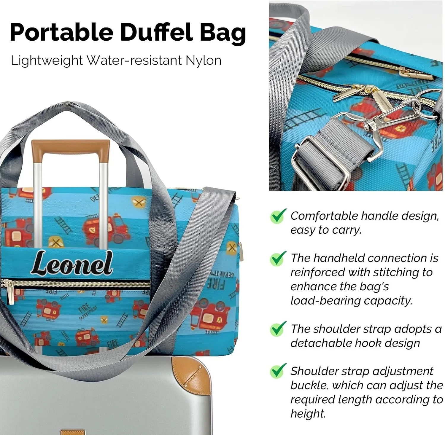 Custom Duffel Overnight Travel Bag for Sports Workout Girls Boys,Blue Stripes Fire Truck Personalized Duffle Bag Gifts