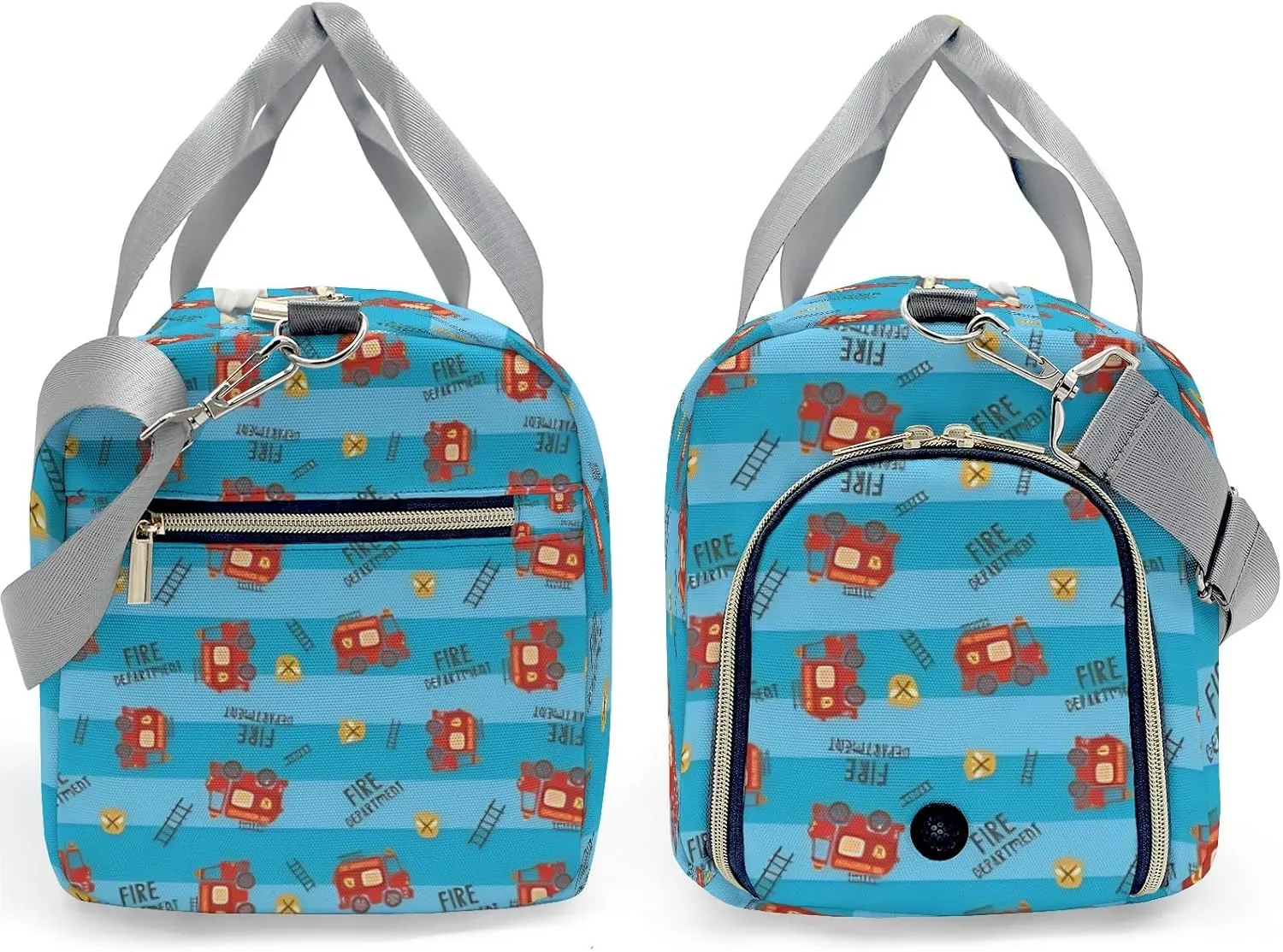 Custom Duffel Overnight Travel Bag for Sports Workout Girls Boys,Blue Stripes Fire Truck Personalized Duffle Bag Gifts