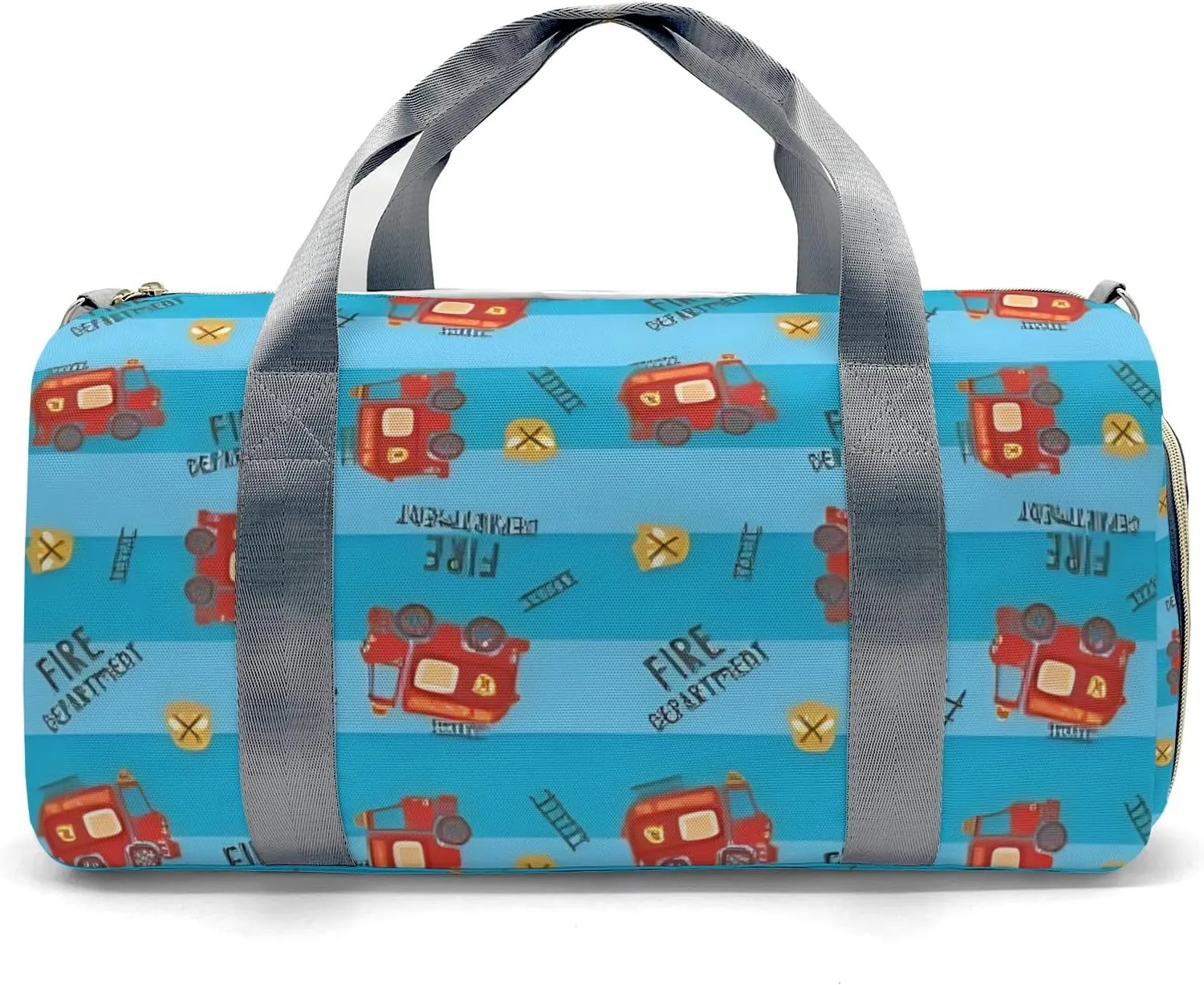 Custom Duffel Overnight Travel Bag for Sports Workout Girls Boys,Blue Stripes Fire Truck Personalized Duffle Bag Gifts