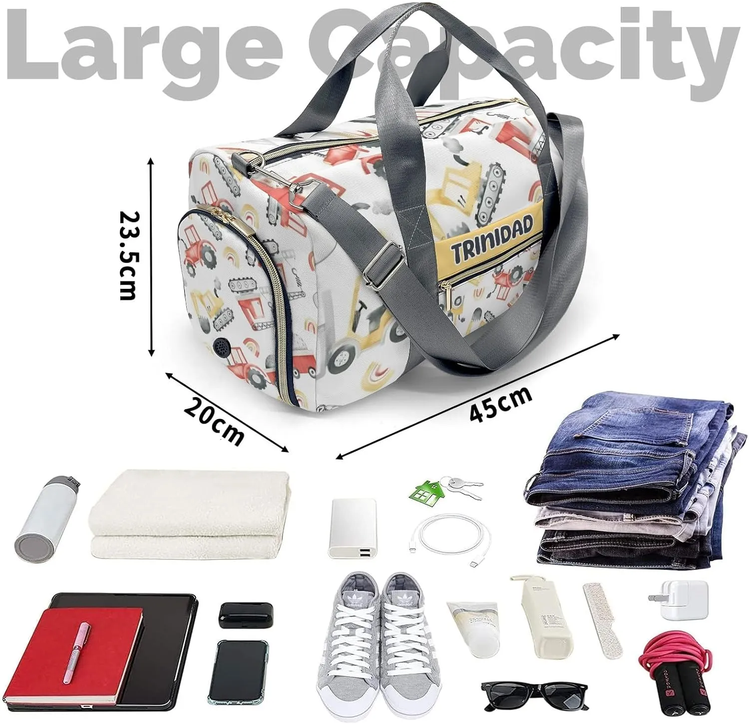 Custom Duffel Overnight Travel Bag for Sports Workout Girls Boys,Crane Excavator Truck Personalized Duffle Bag Gifts