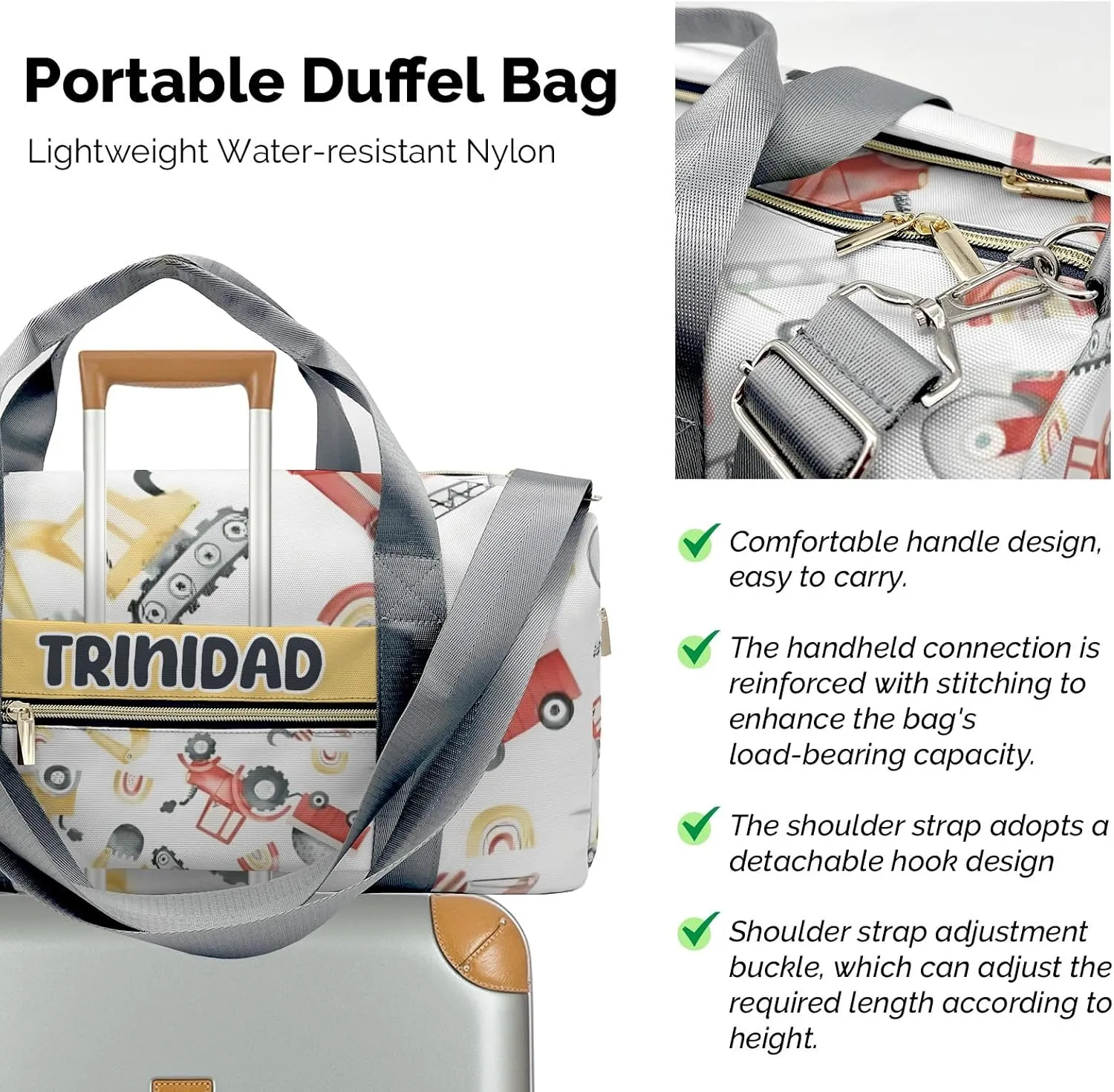 Custom Duffel Overnight Travel Bag for Sports Workout Girls Boys,Crane Excavator Truck Personalized Duffle Bag Gifts